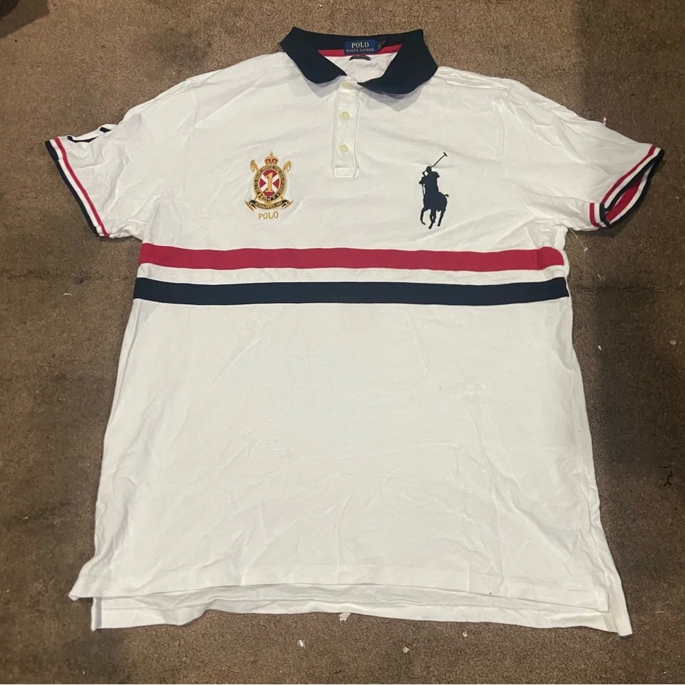 Polo Ralph Lauren Mens White Gold Red Slim Fit Polo Top Crest Big Pony #1 XXL